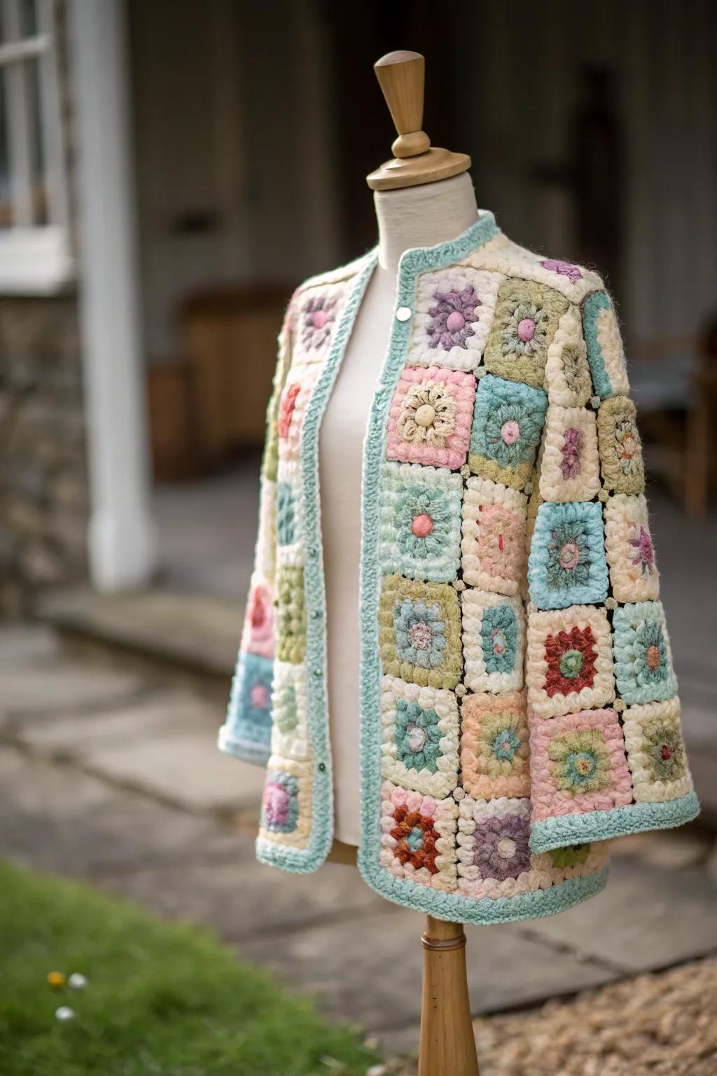 A striking jacket made from granny squares, blending vintage style with modern trends.