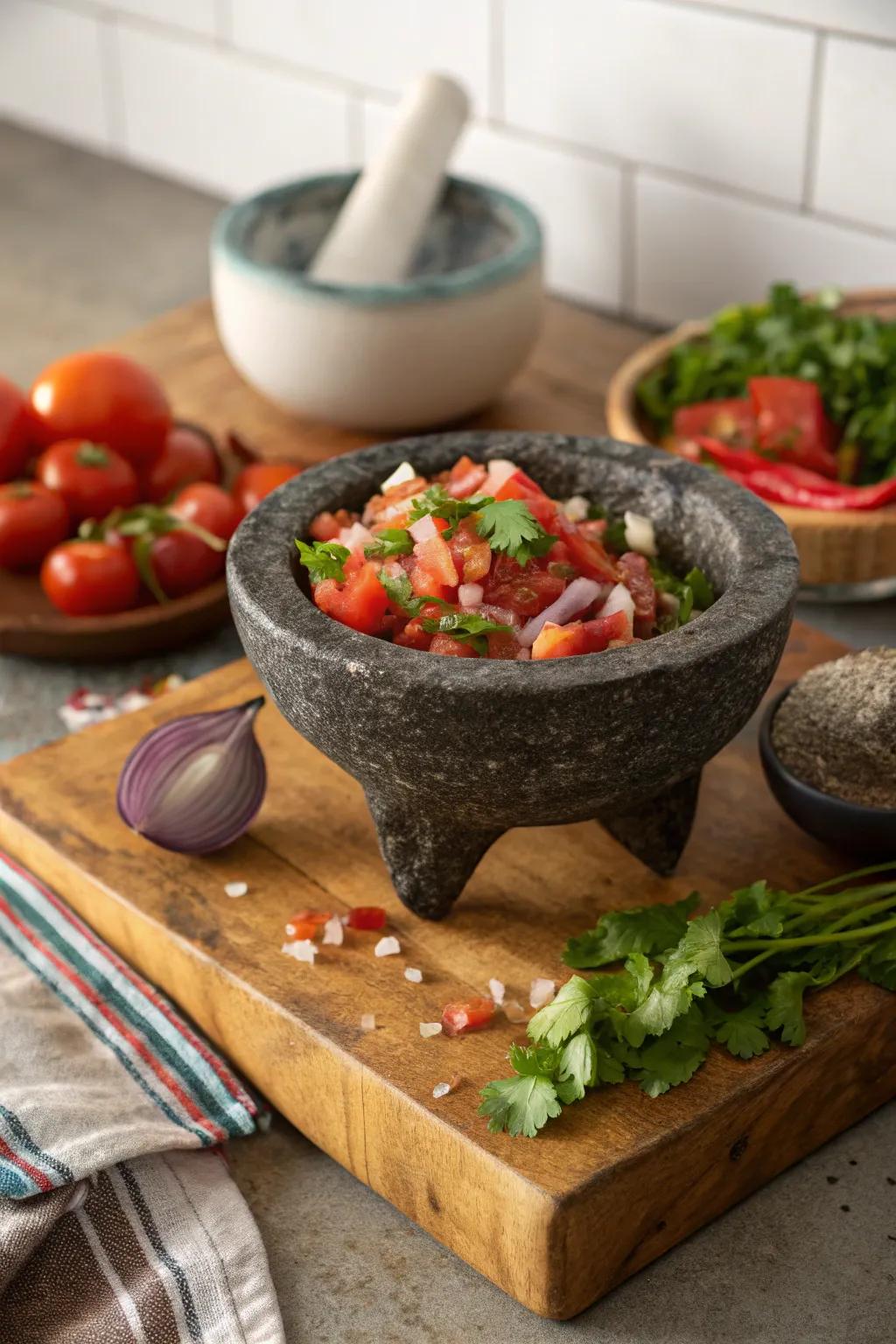 Create authentic flavors with a traditional molcajete, a kitchen essential.