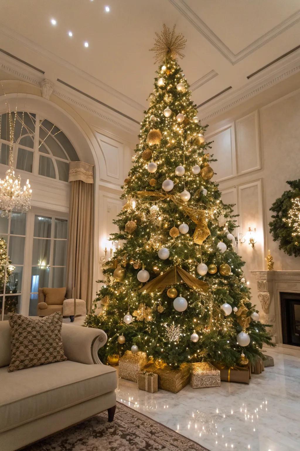 A glamorous gold-themed Christmas tree that exudes luxury.