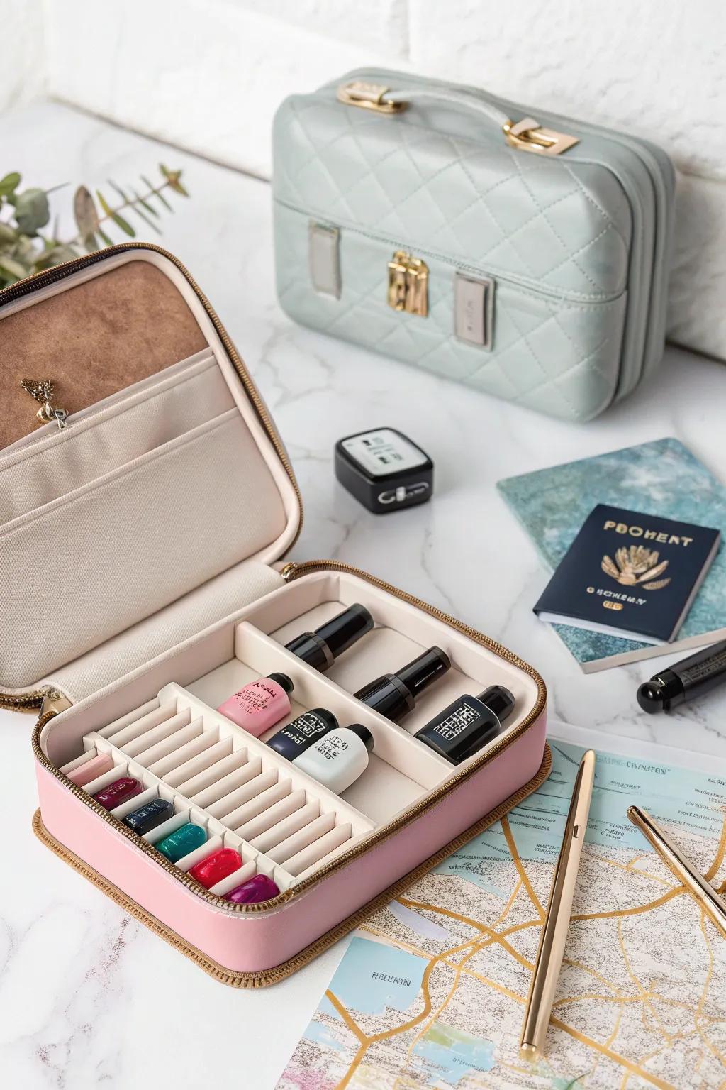 A portable storage case ensures your nail polish collection stays intact on the go.