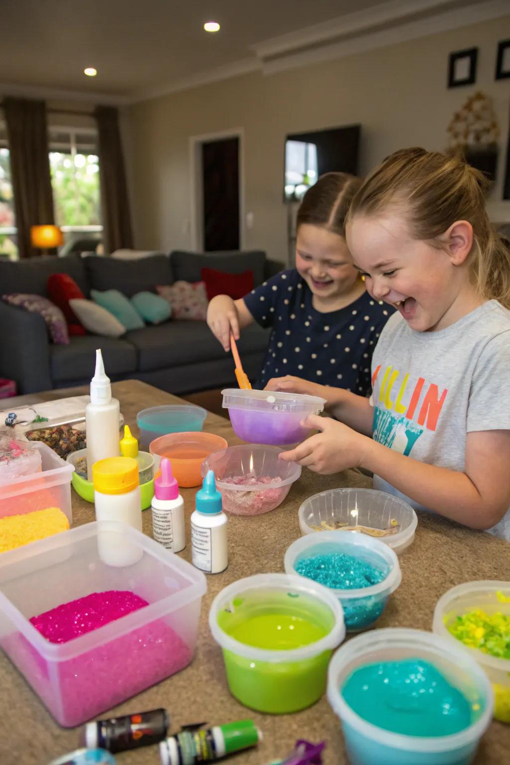 Kids having fun at a slime-making station.