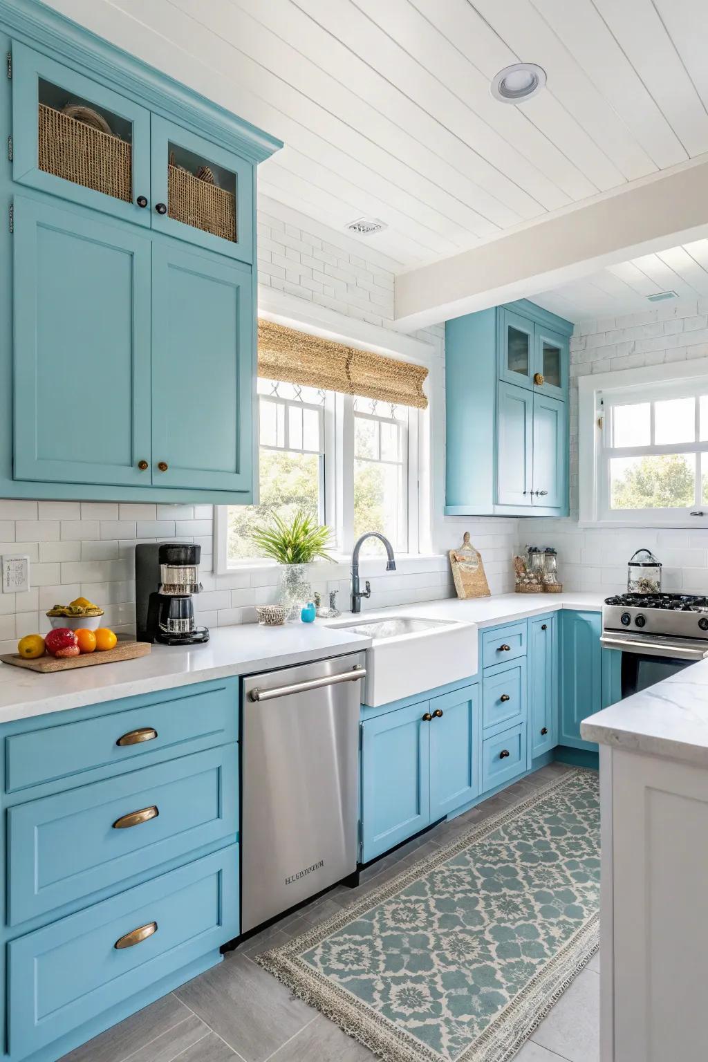 An airy kitchen with soft powder blue tones.