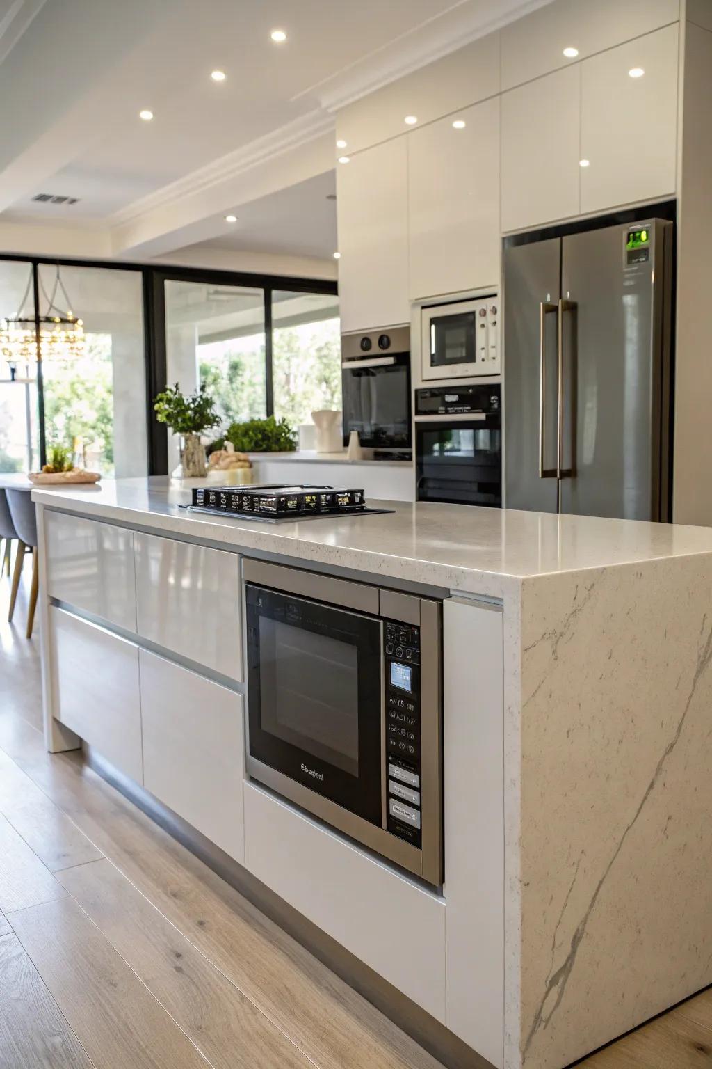 A sleek kitchen peninsula with an integrated microwave.