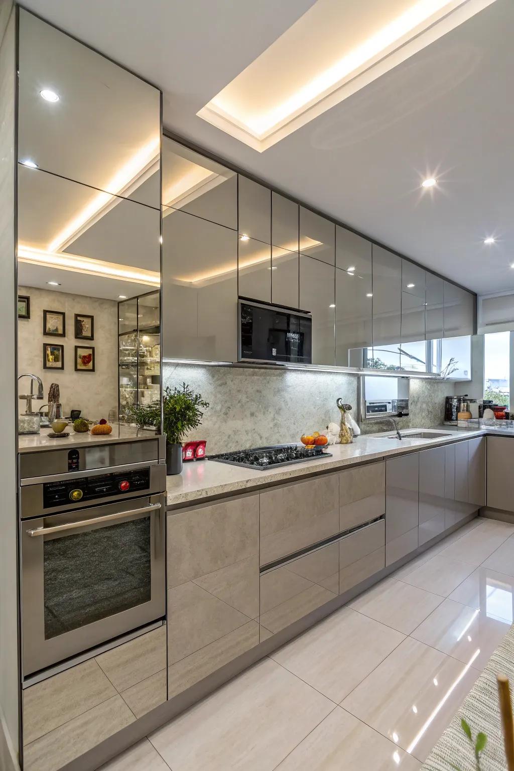 Mirrors in the kitchen create the illusion of a window, adding depth and light.