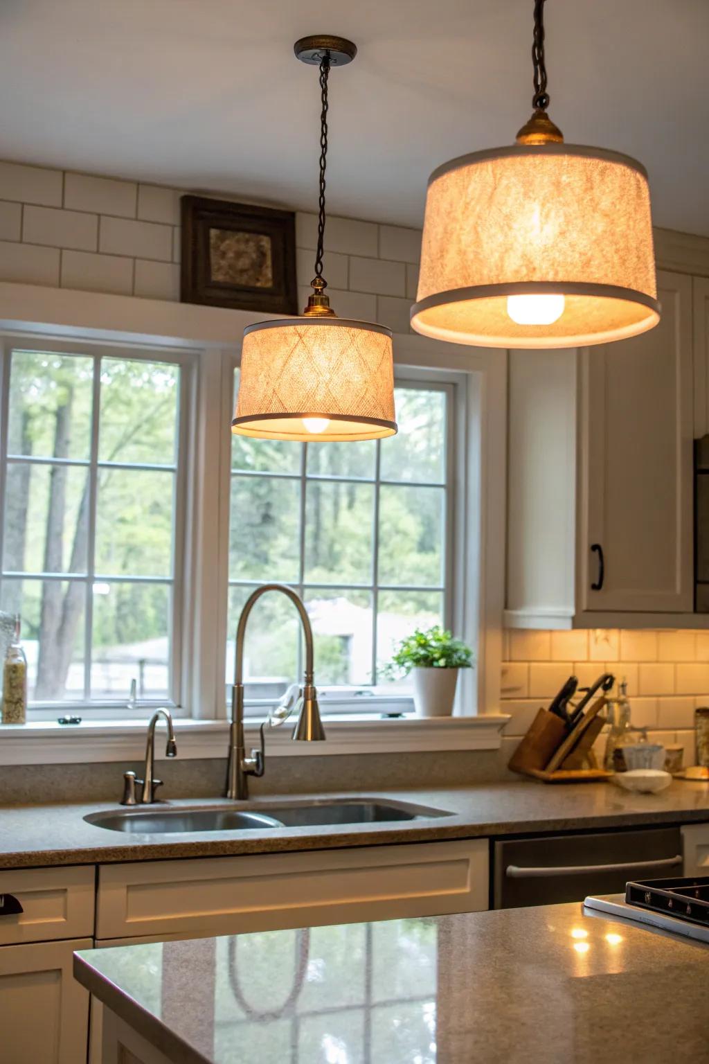 Drum pendant lights make a bold and stylish statement above the sink.