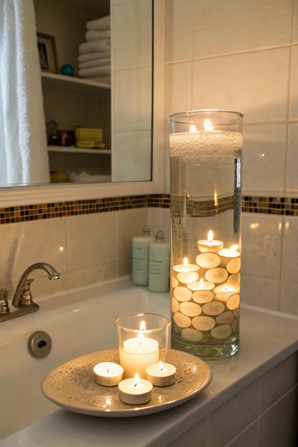 A serene spa-like setup with floating candles and lights.