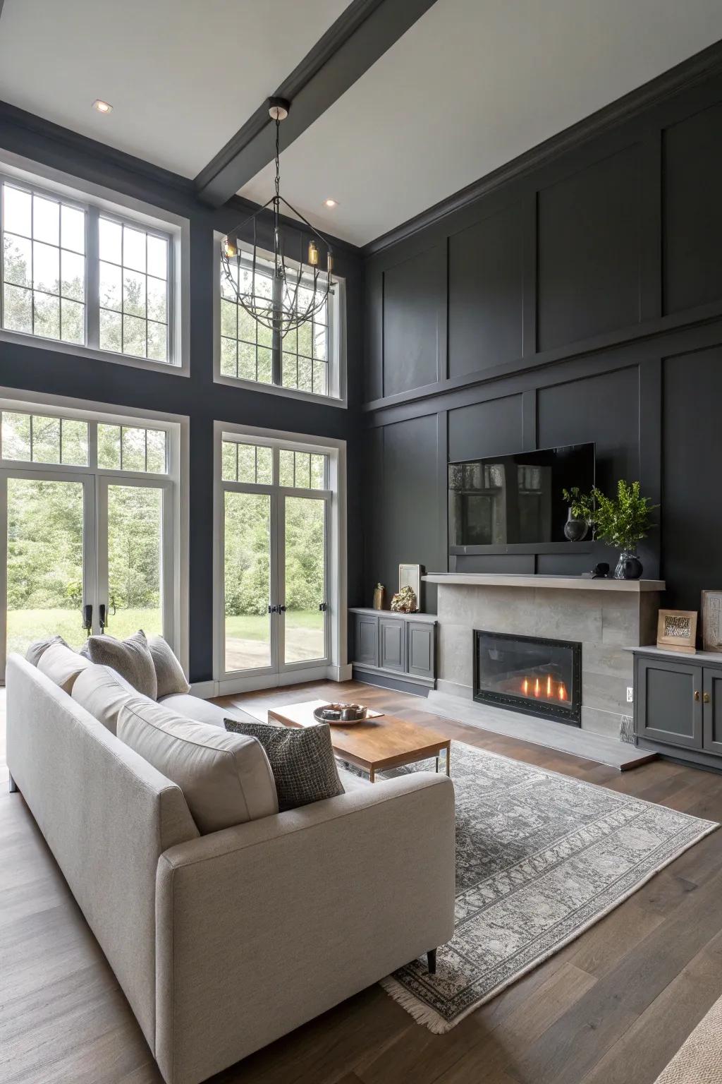 Charcoal gray walls bring a modern and chic vibe to this living room.