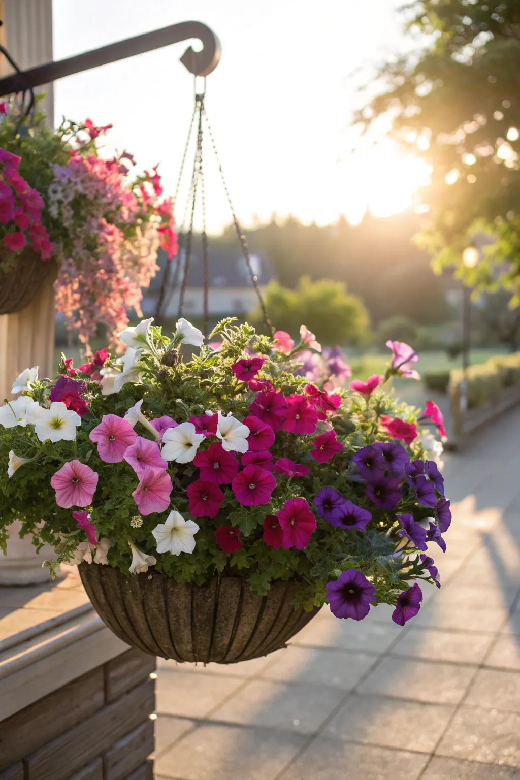 Petunias offer a cascade of color and thrive in full sun.