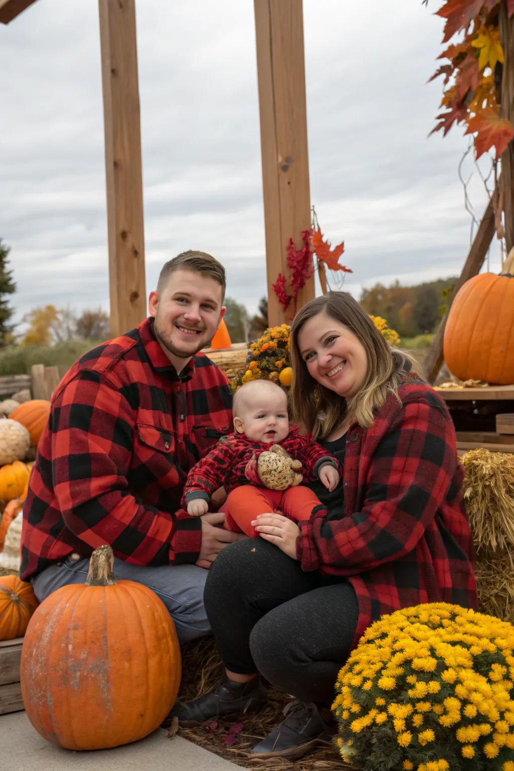 Flannel-clad family enjoying a cozy Halloween moment.