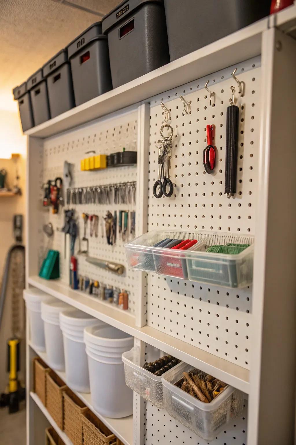 A pegboard system helps keep small items organized and easy to find.