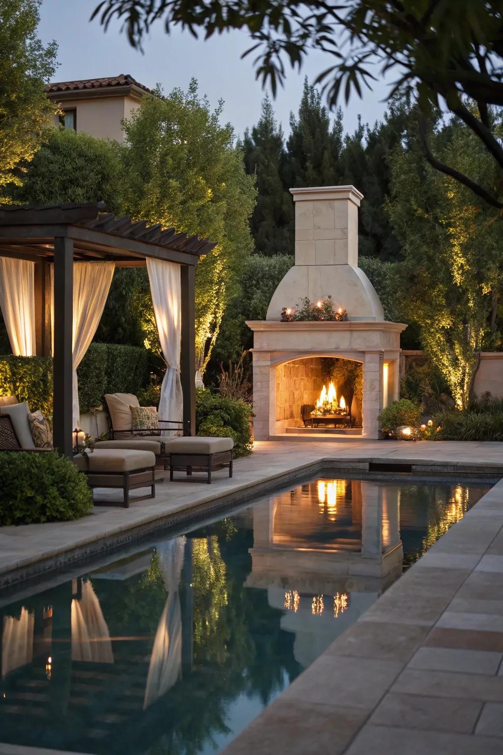 A luxurious poolside fireplace for enhanced relaxation.