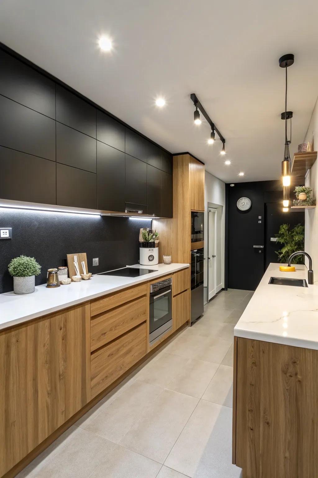 Black walls create a bold and sophisticated kitchen look.