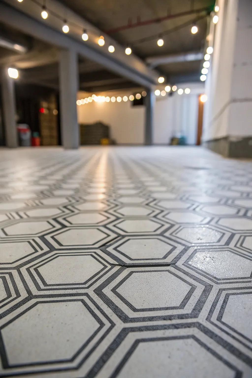 Geometric designs add a modern edge to your basement floor.