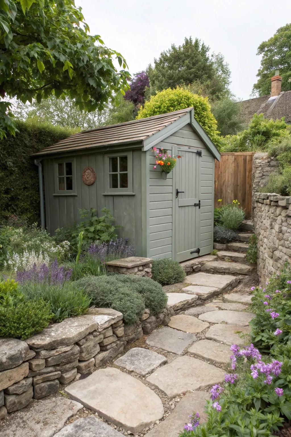 A rustic stone grey shed, perfectly blending with countryside elements.