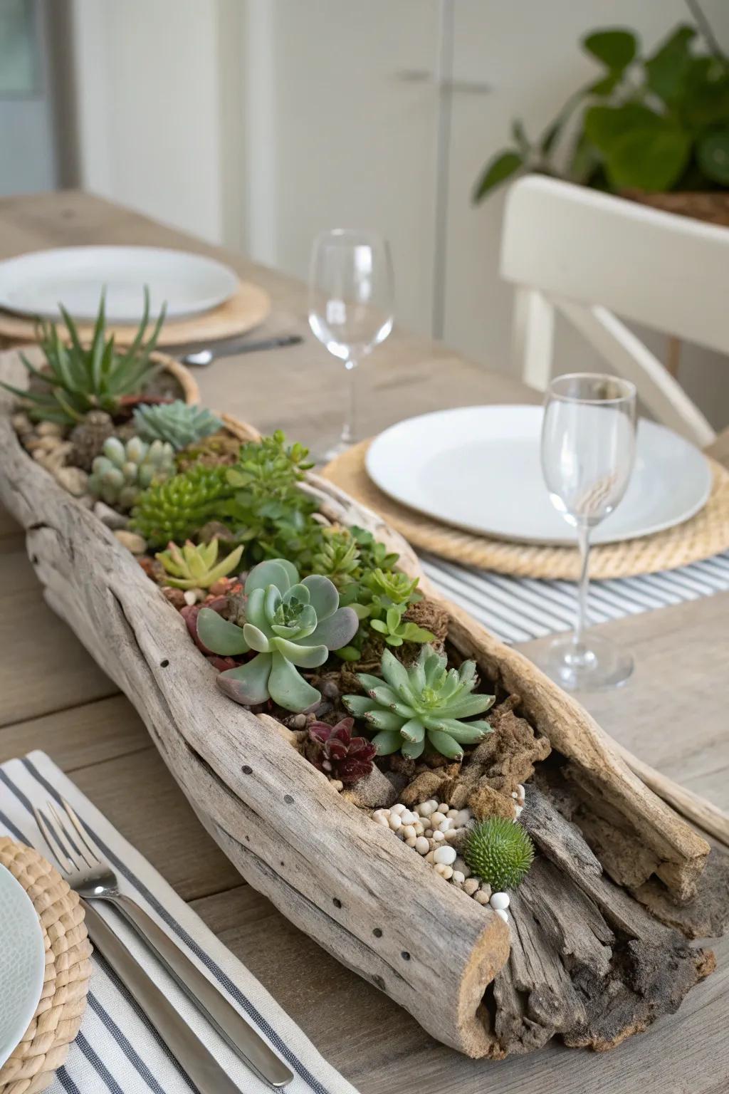 Driftwood and succulents create a harmonious natural display.