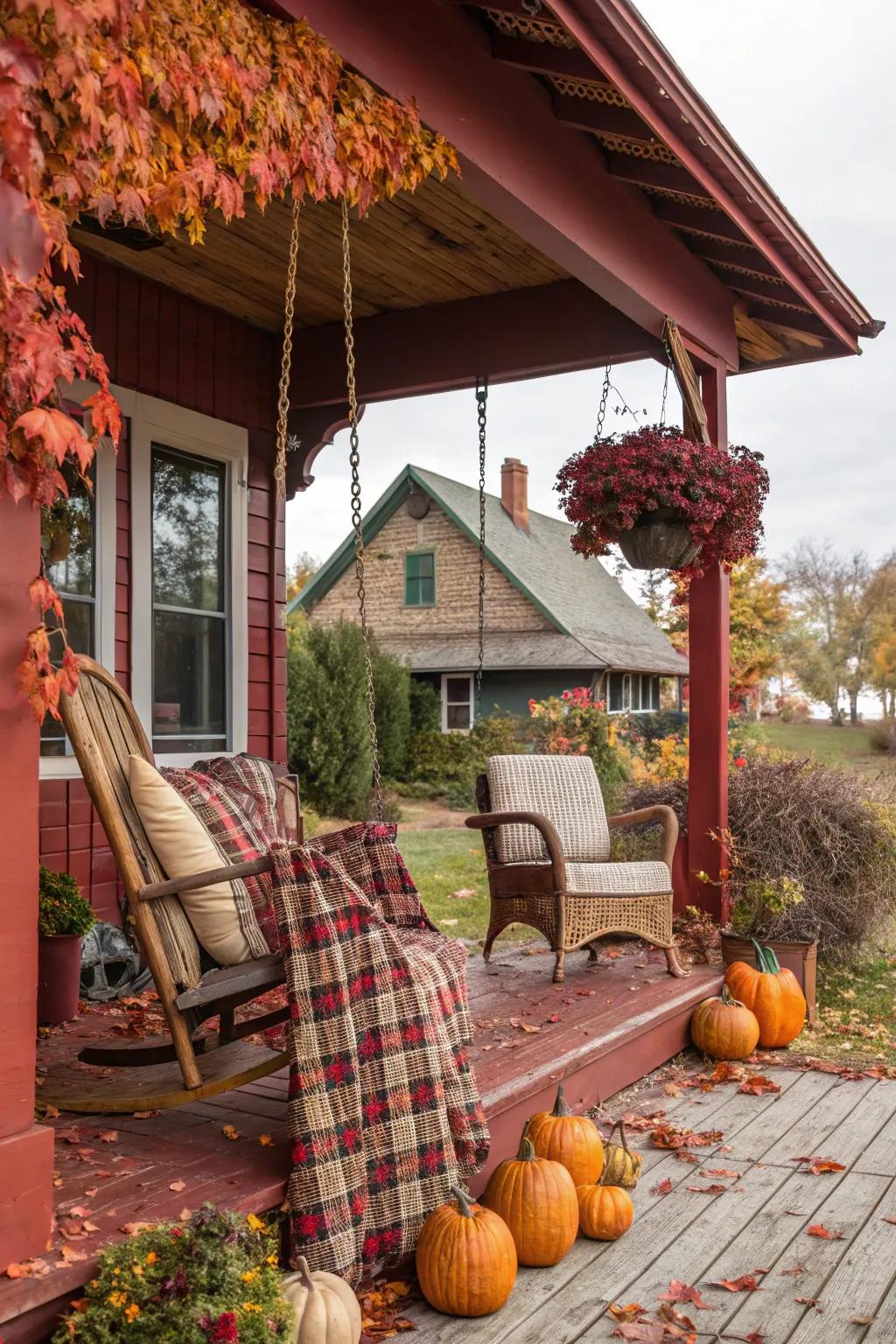 Rustic red adds warmth and traditional charm to this inviting porch.