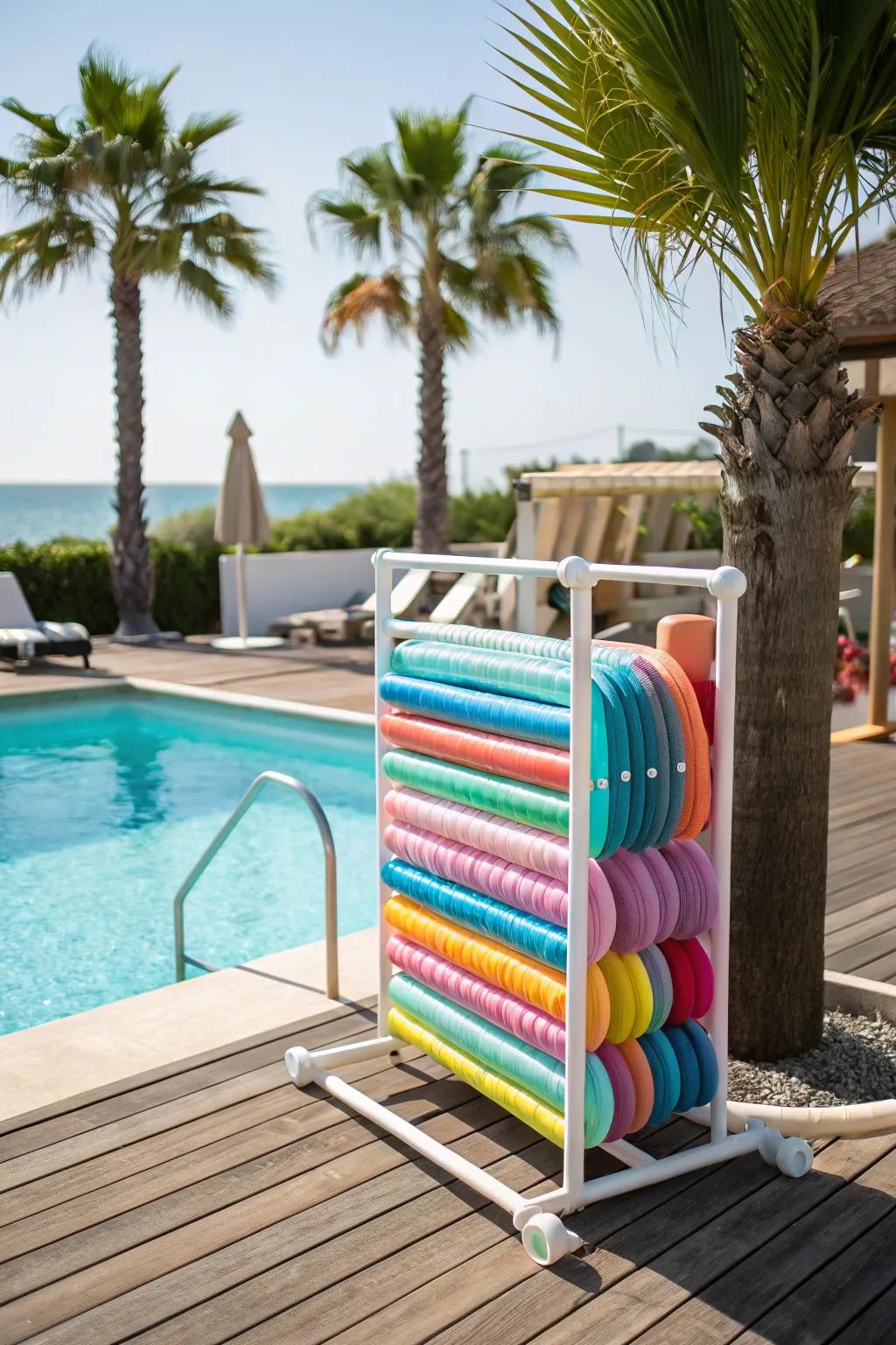 Keep your pool area tidy with a sturdy PVC float stand.