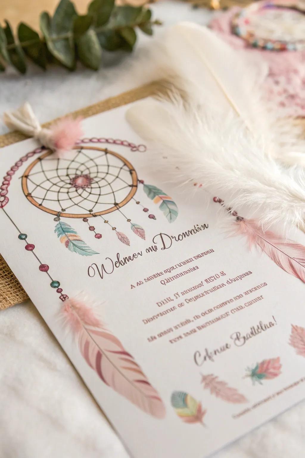 A boho-chic quinceañera invitation with feather and dreamcatcher designs