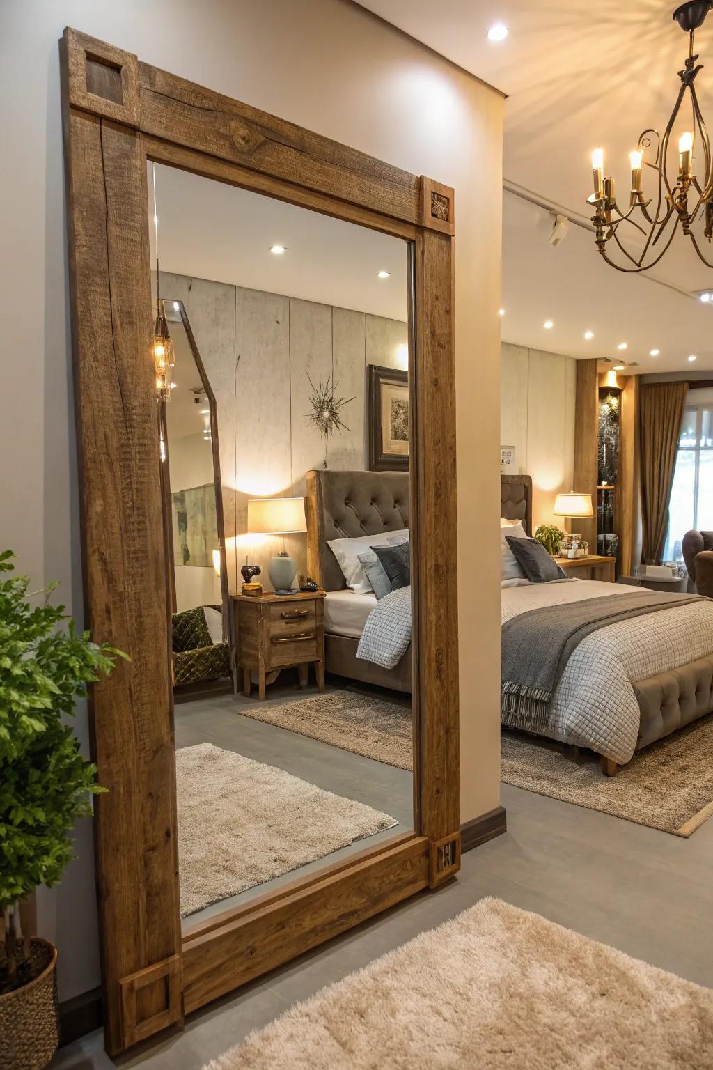 Enhance your space with an elegant wooden mirror.