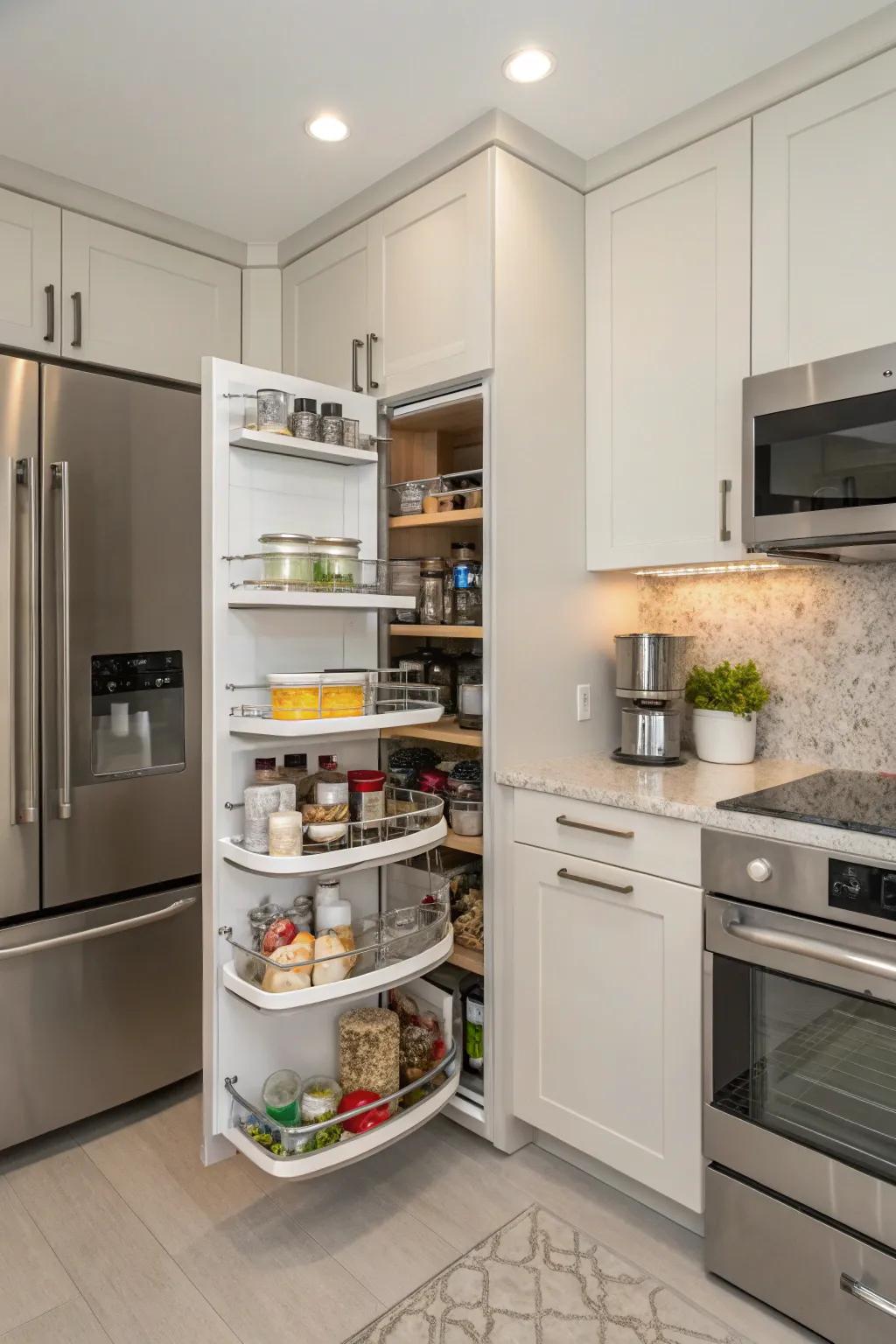 Smart storage solutions, like pull-out pantries, keep a small kitchen organized.