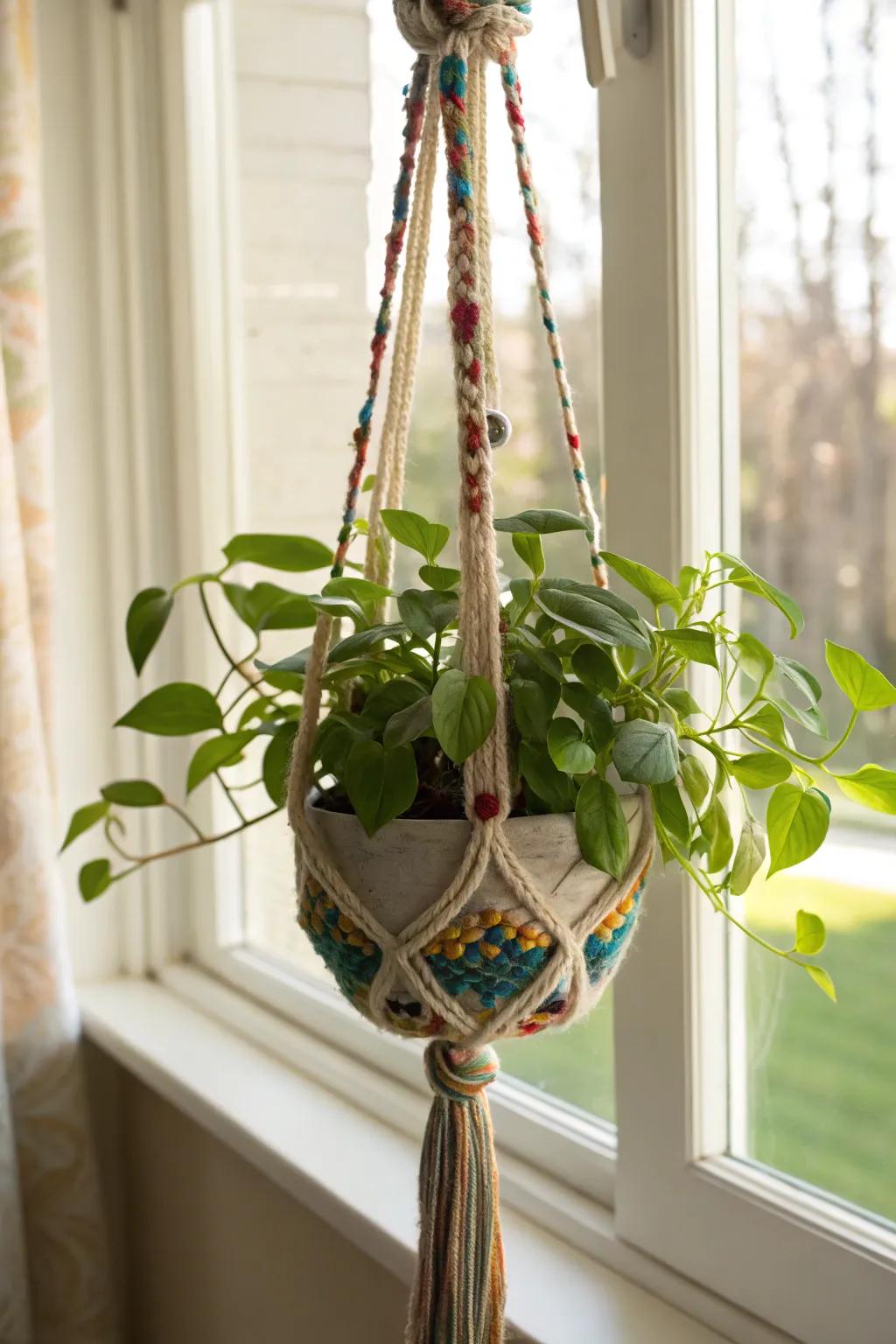 Display your plants with style using knitted hangers.