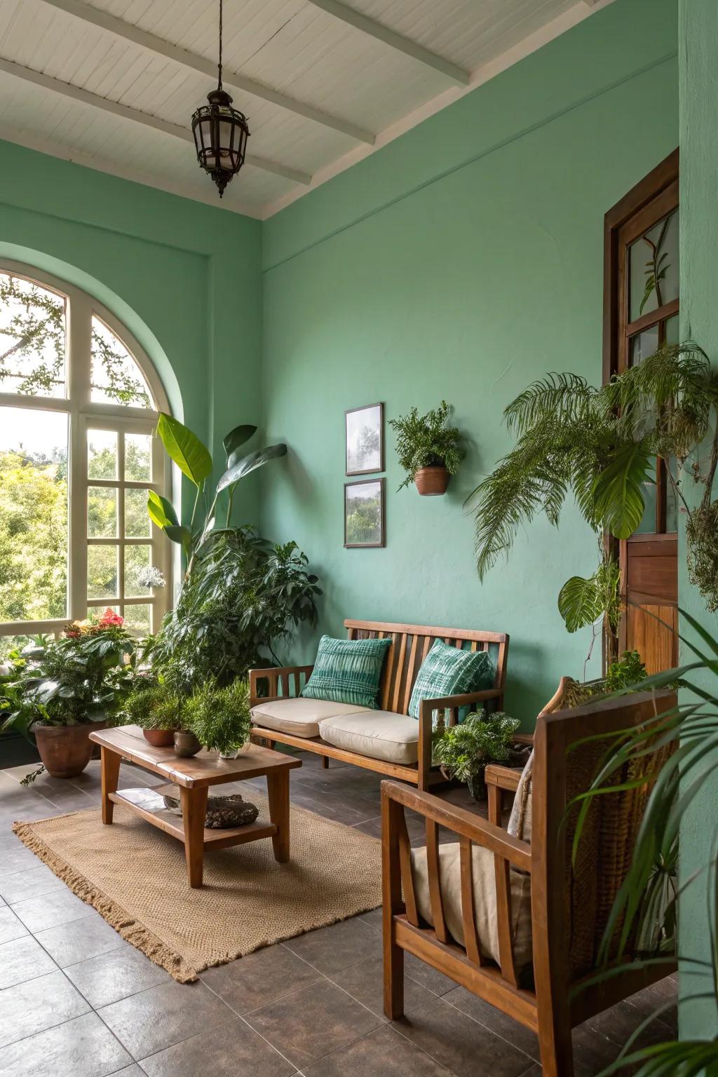 Natural elements bringing harmony to a room with seafoam green walls.