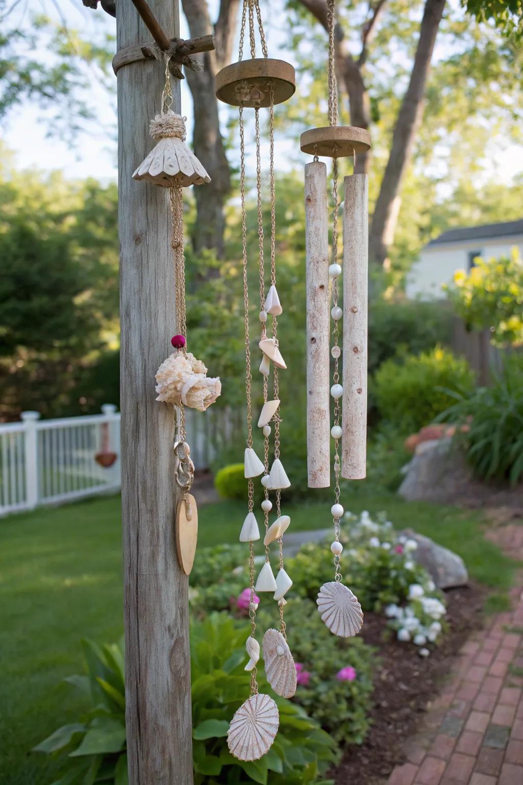 Relaxing summer wind chimes creating melodies in the breeze.