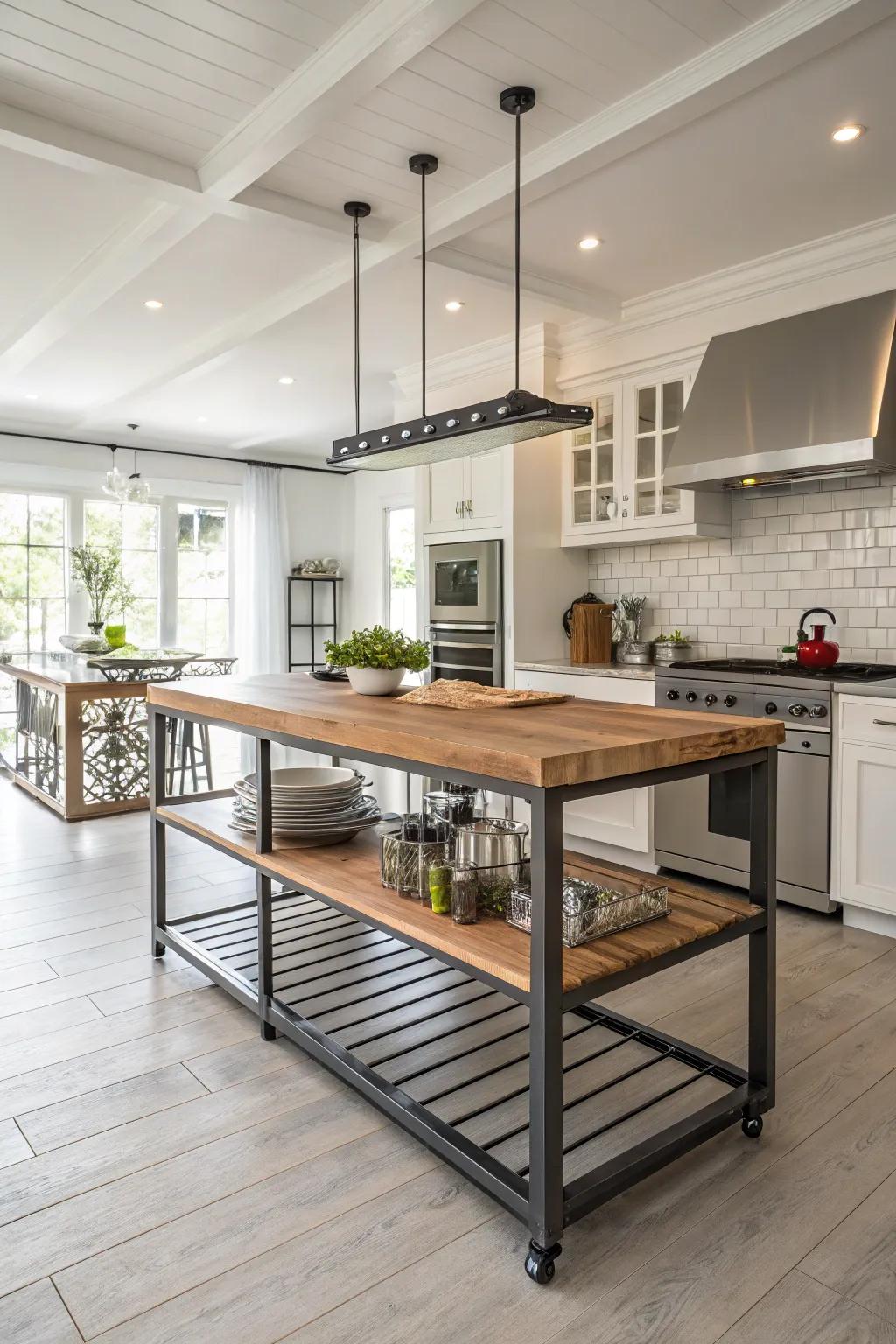 A kitchen island that combines industrial strength with natural warmth.