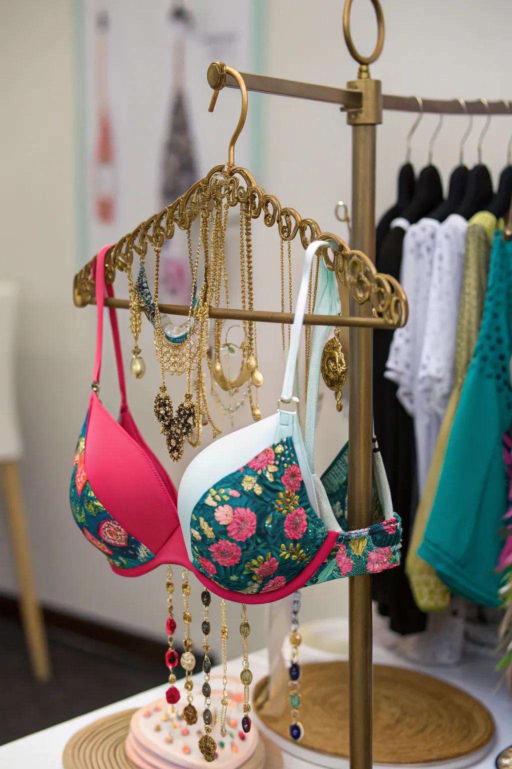 A jewelry stand can be a chic way to store bras.