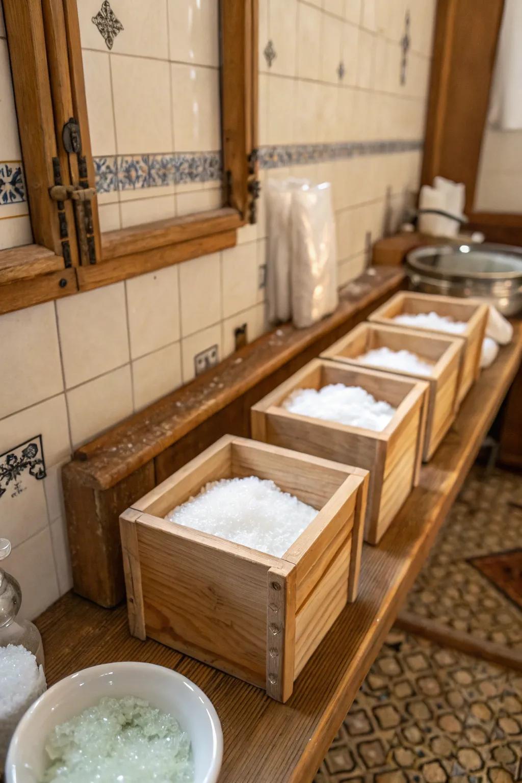 Wooden boxes provide a rustic storage solution for Epsom salt