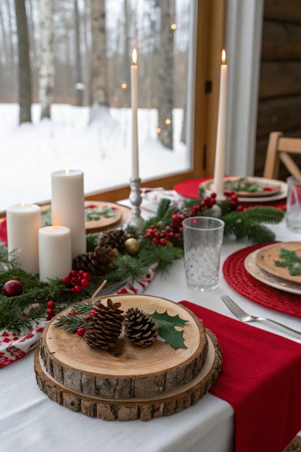 Wood slices bring a rustic, natural feel to the festive table.