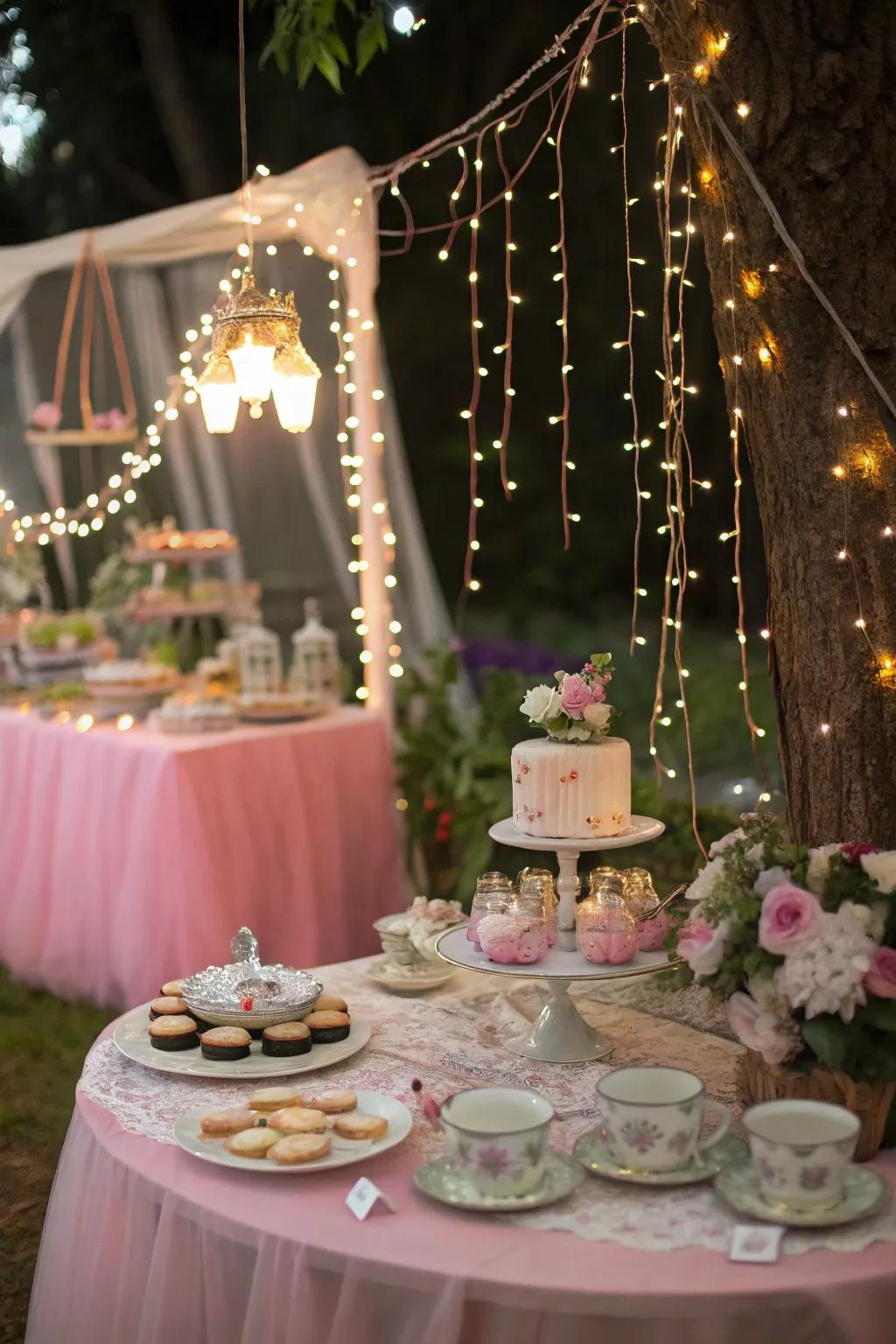 Fairytale-themed tea party with enchanting decor.