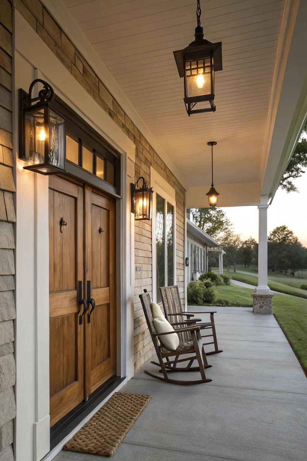 Transitional wall lanterns create a welcoming glow on a front porch.