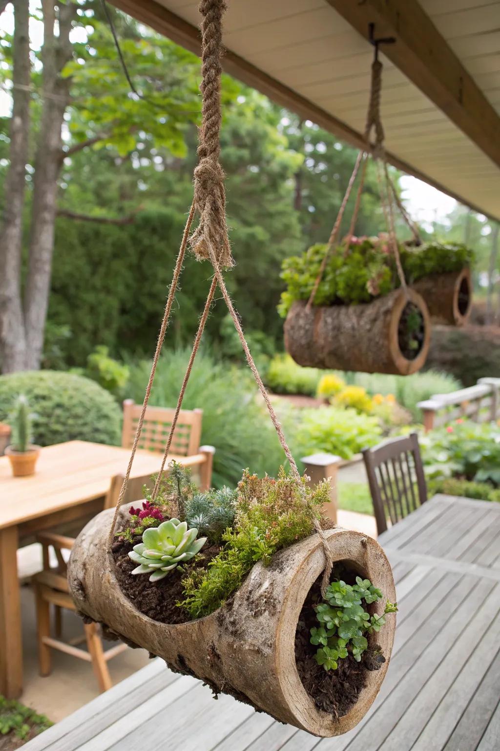 Hollowed logs offer a rustic, natural look for planters.