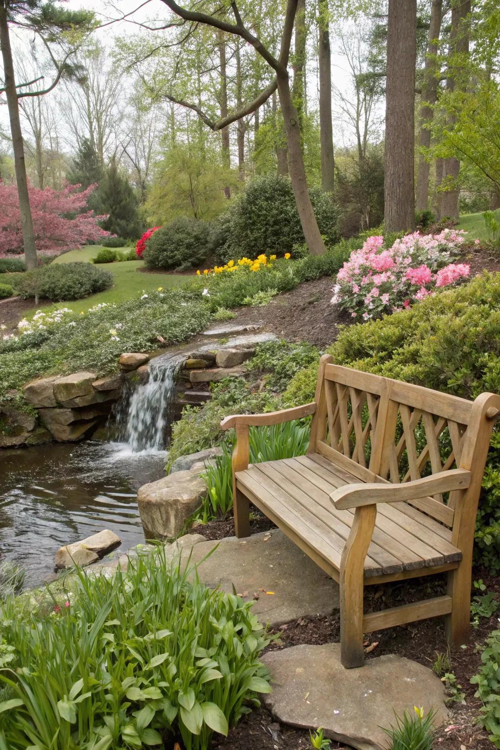 Relax on a waterfall bench while enjoying the gentle sounds of water.