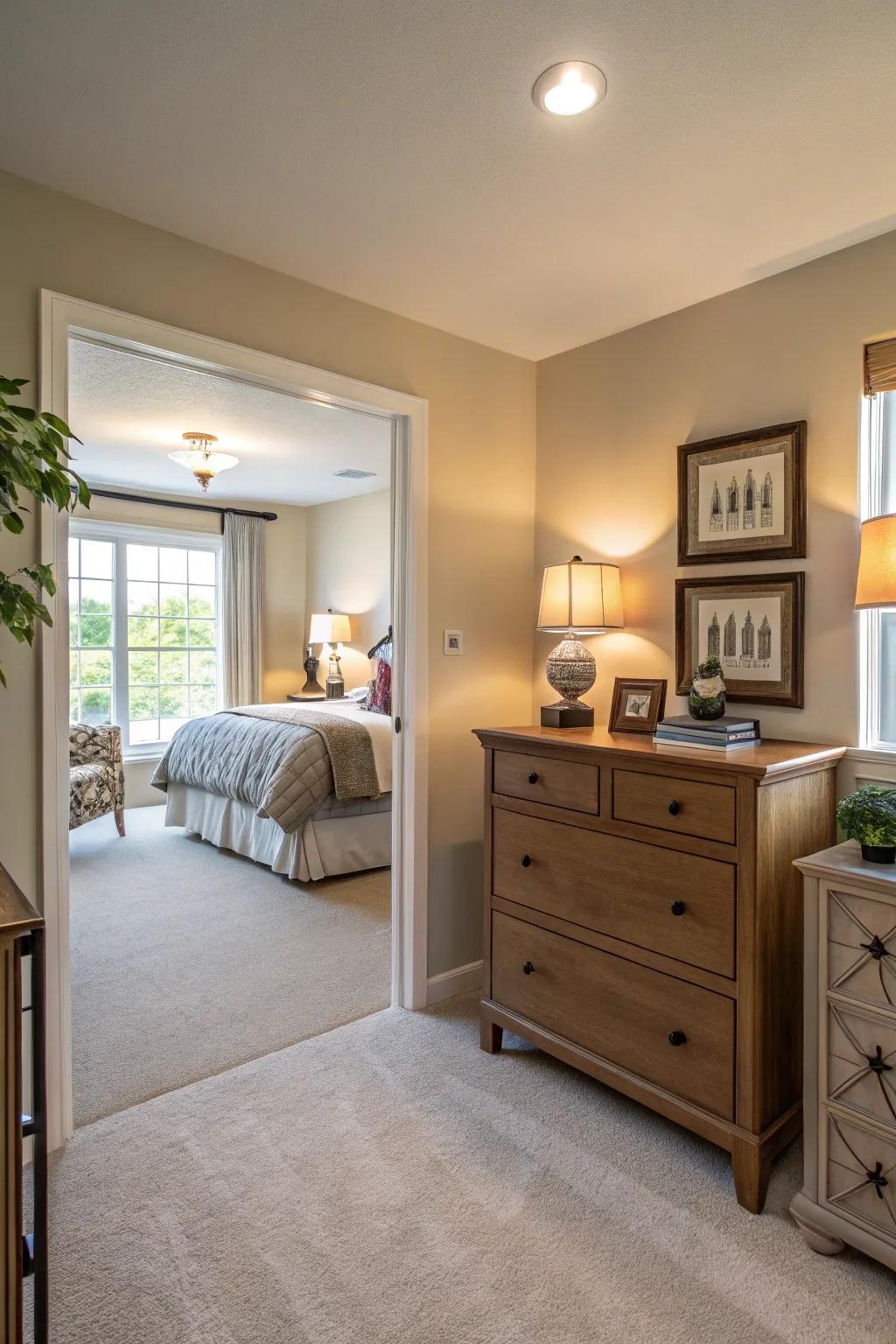 A dresser helps define space in an open floor plan, offering storage and style.