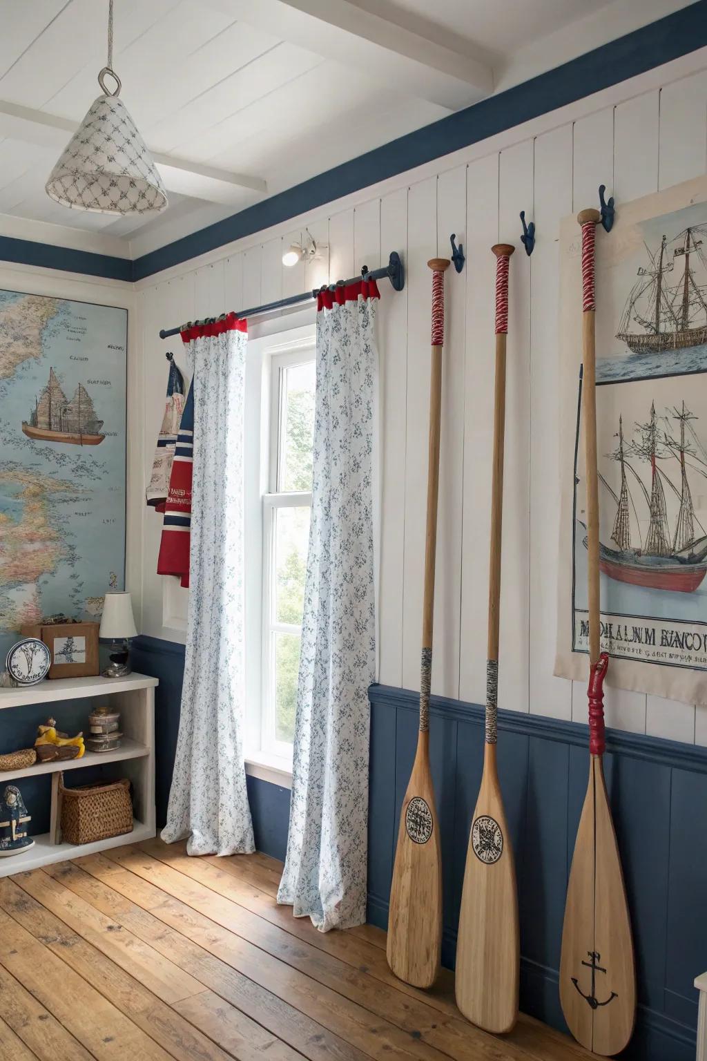 Add a nautical charm with rowing oars as your curtain rods.