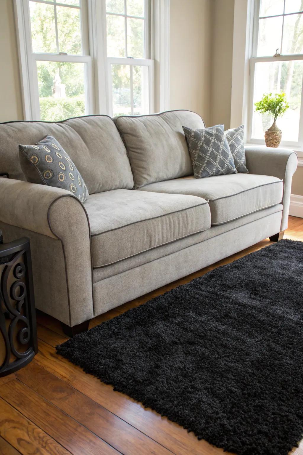 Black rugs make a bold, modern statement in a room with a grey couch.