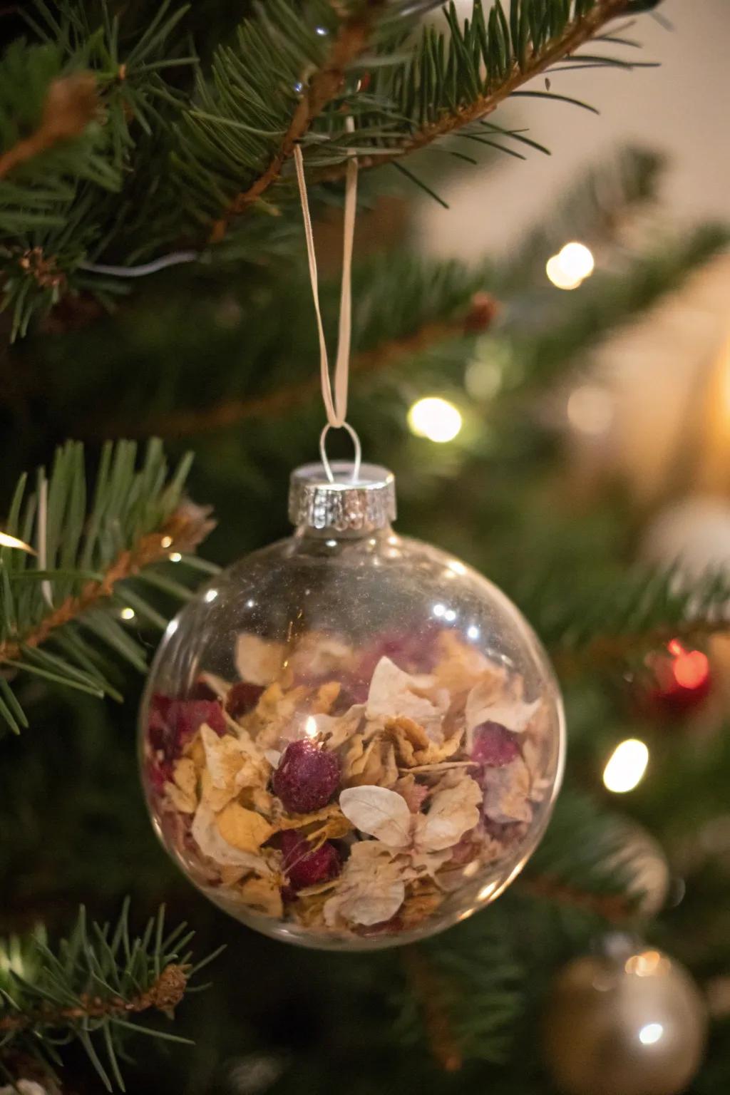 A clear holiday ornament filled with dried flower petals from a wedding bouquet, beautifully hanging on a Christmas tree.