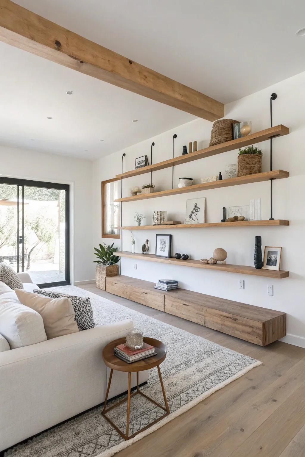 Floating shelves with hidden wooden brackets for a minimalist look.