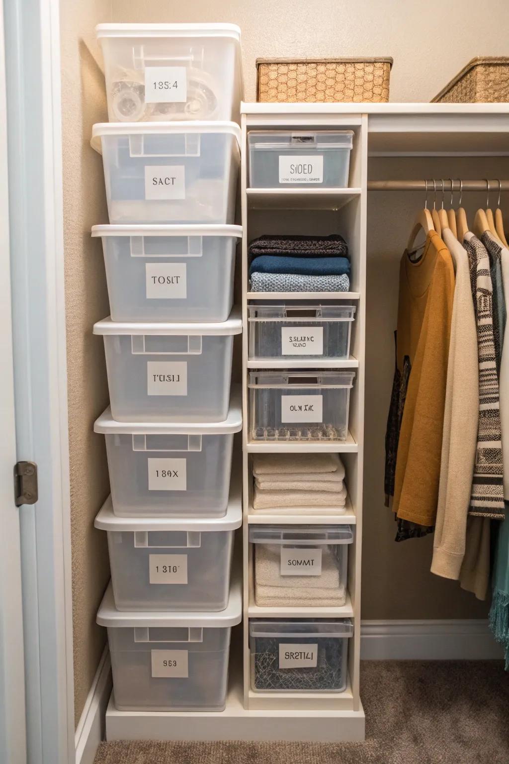 Clear boxes keep items visible and organized in a compact closet.