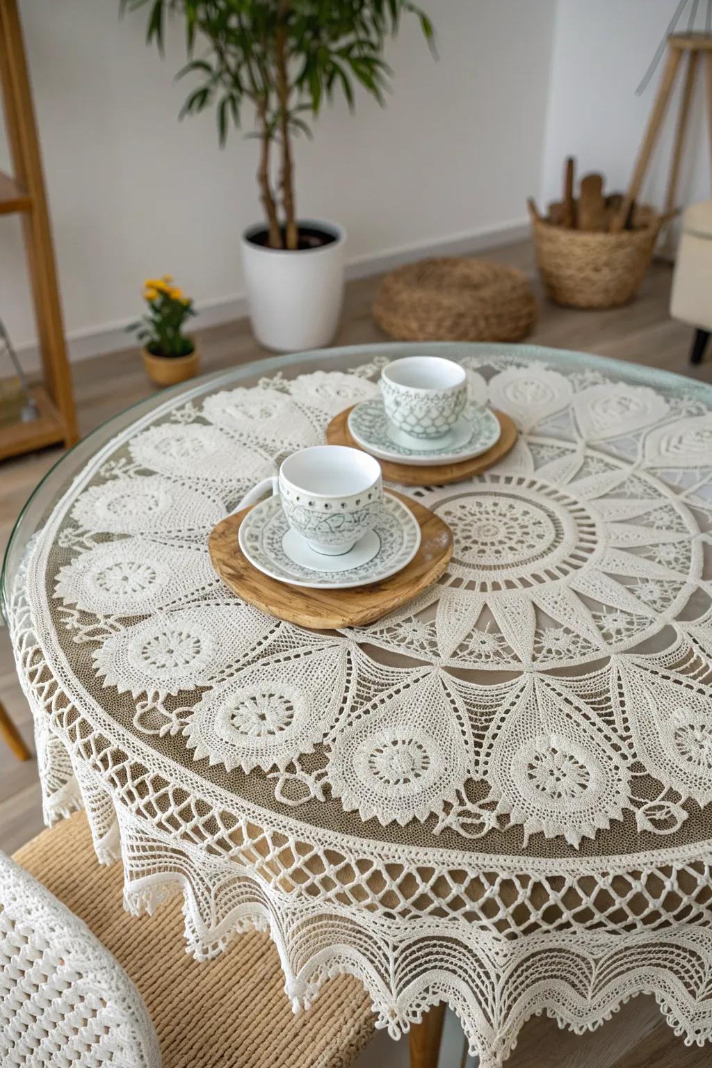 Transform your table with the timeless elegance of a lace overlay, perfect for a sophisticated tea party.