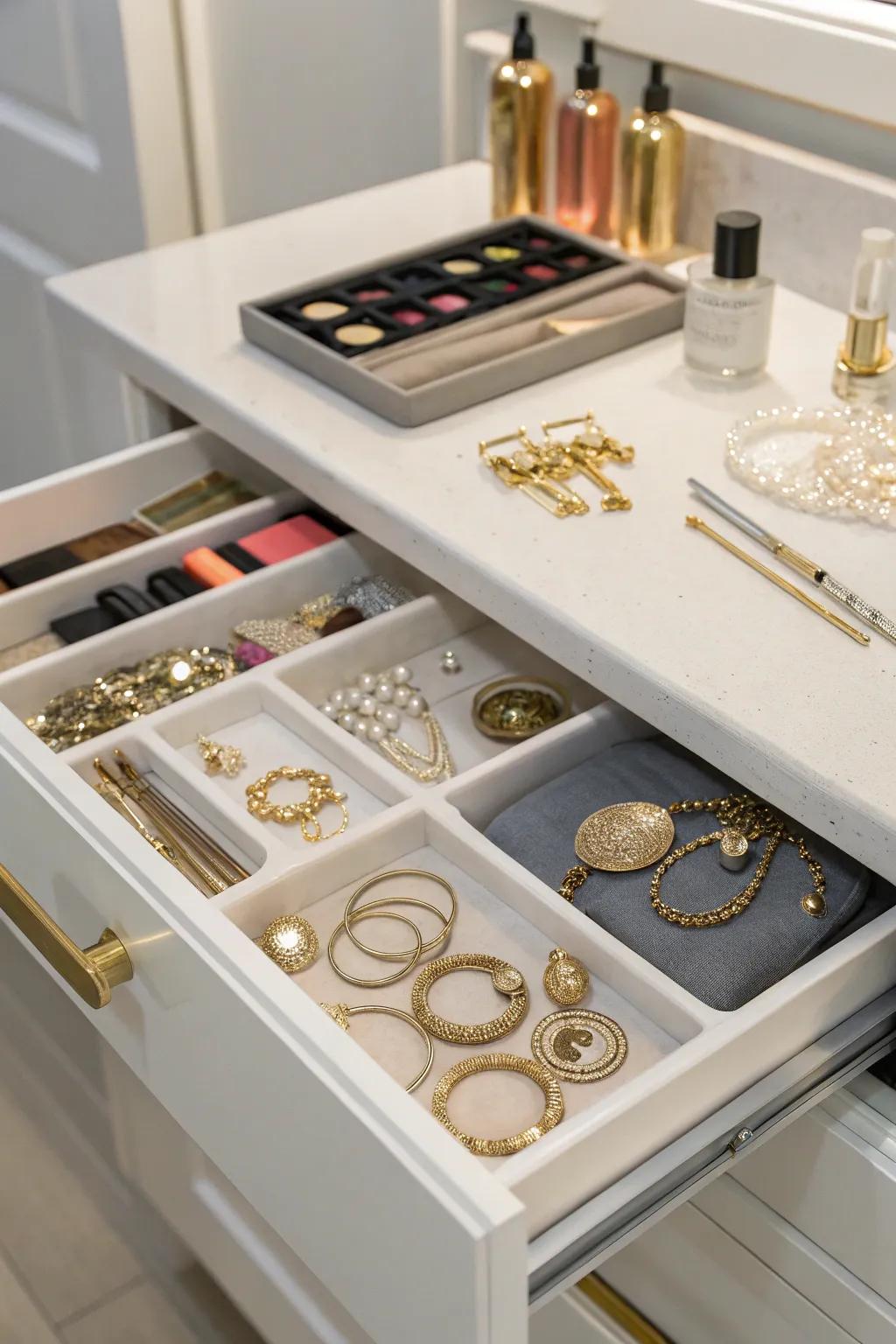 A bathroom drawer with decorative trays organizing jewelry and make-up.