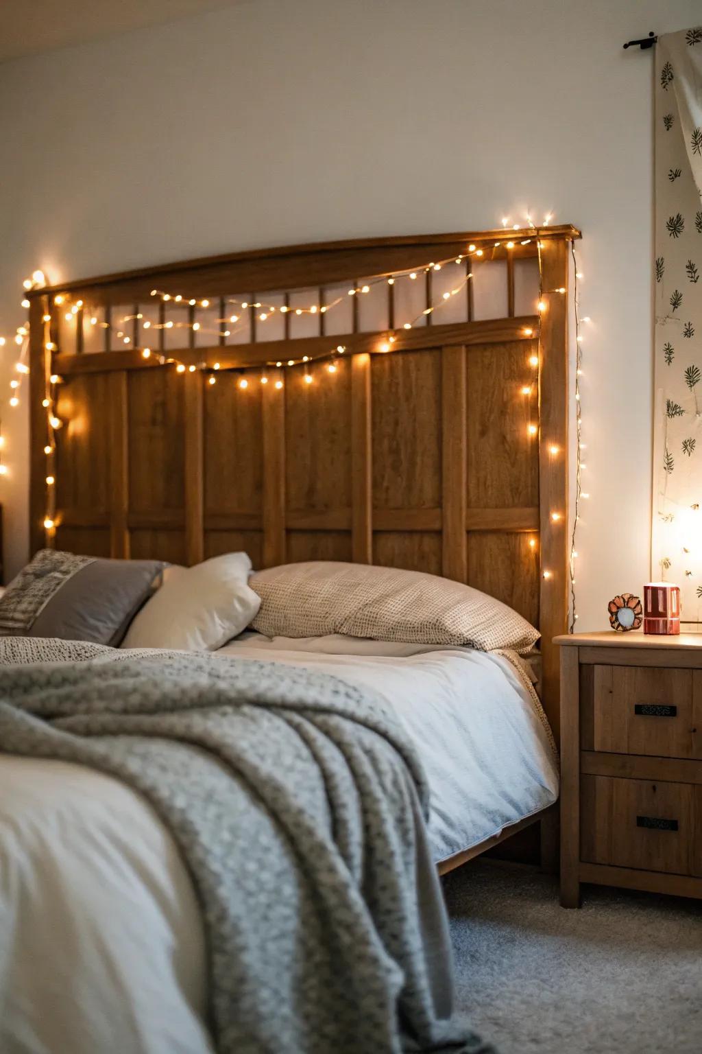 Outline your headboard with string lights for a cozy touch.