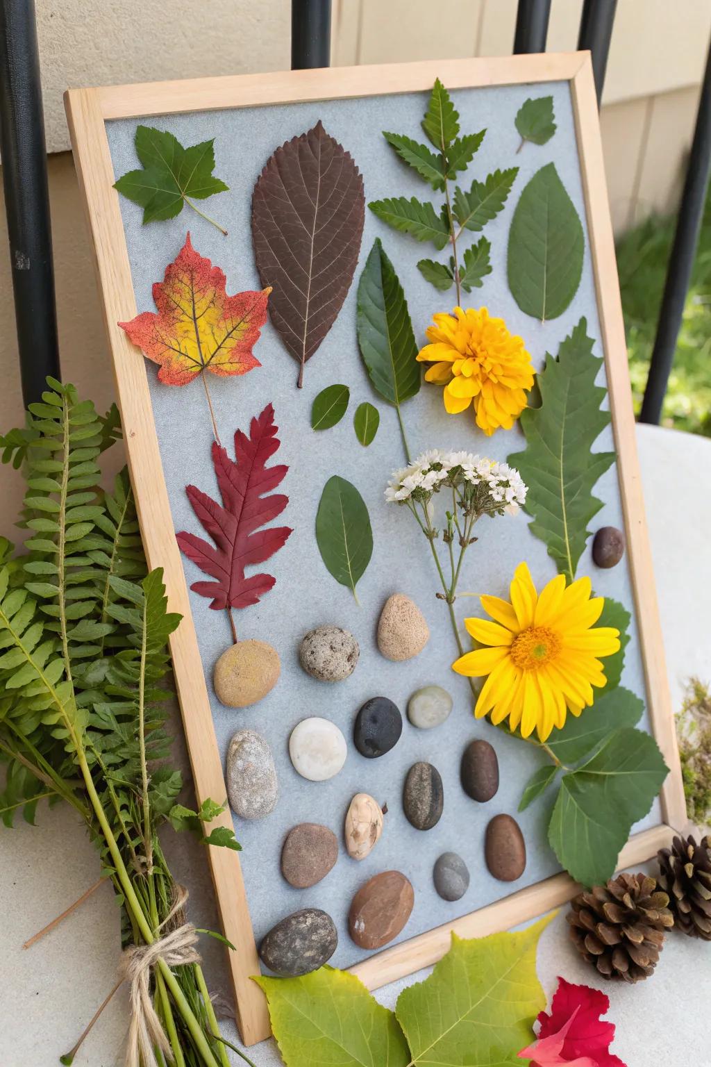 An inspiration board featuring natural elements such as leaves, flowers, and stones.