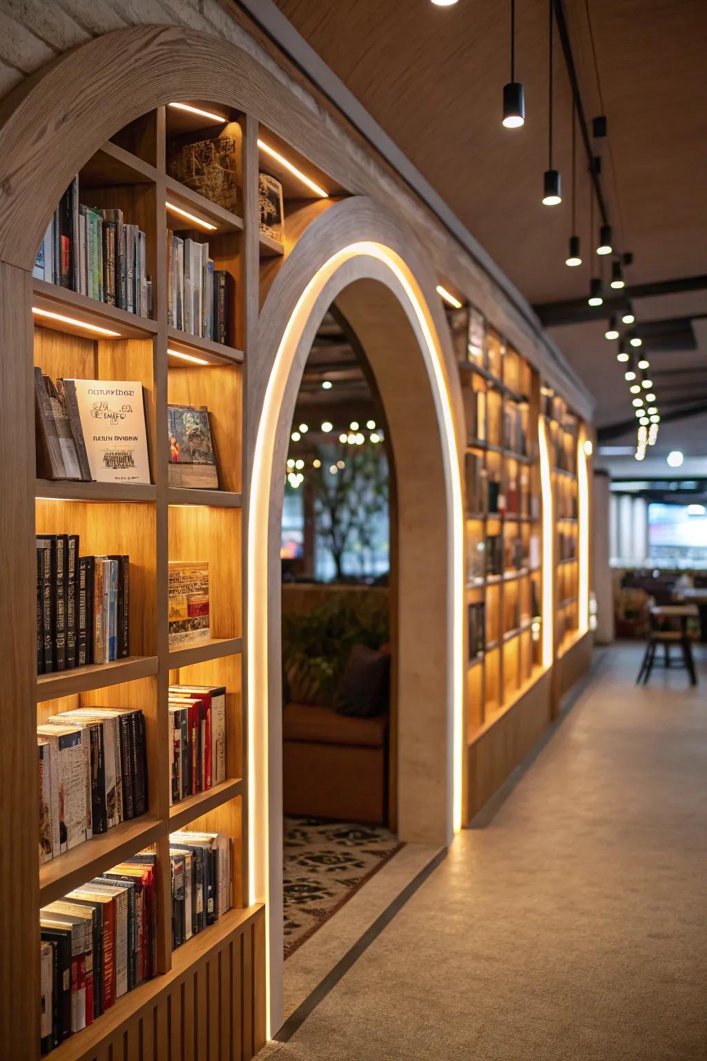 A charming book nook nestled within an interior archway, perfect for literary lovers.