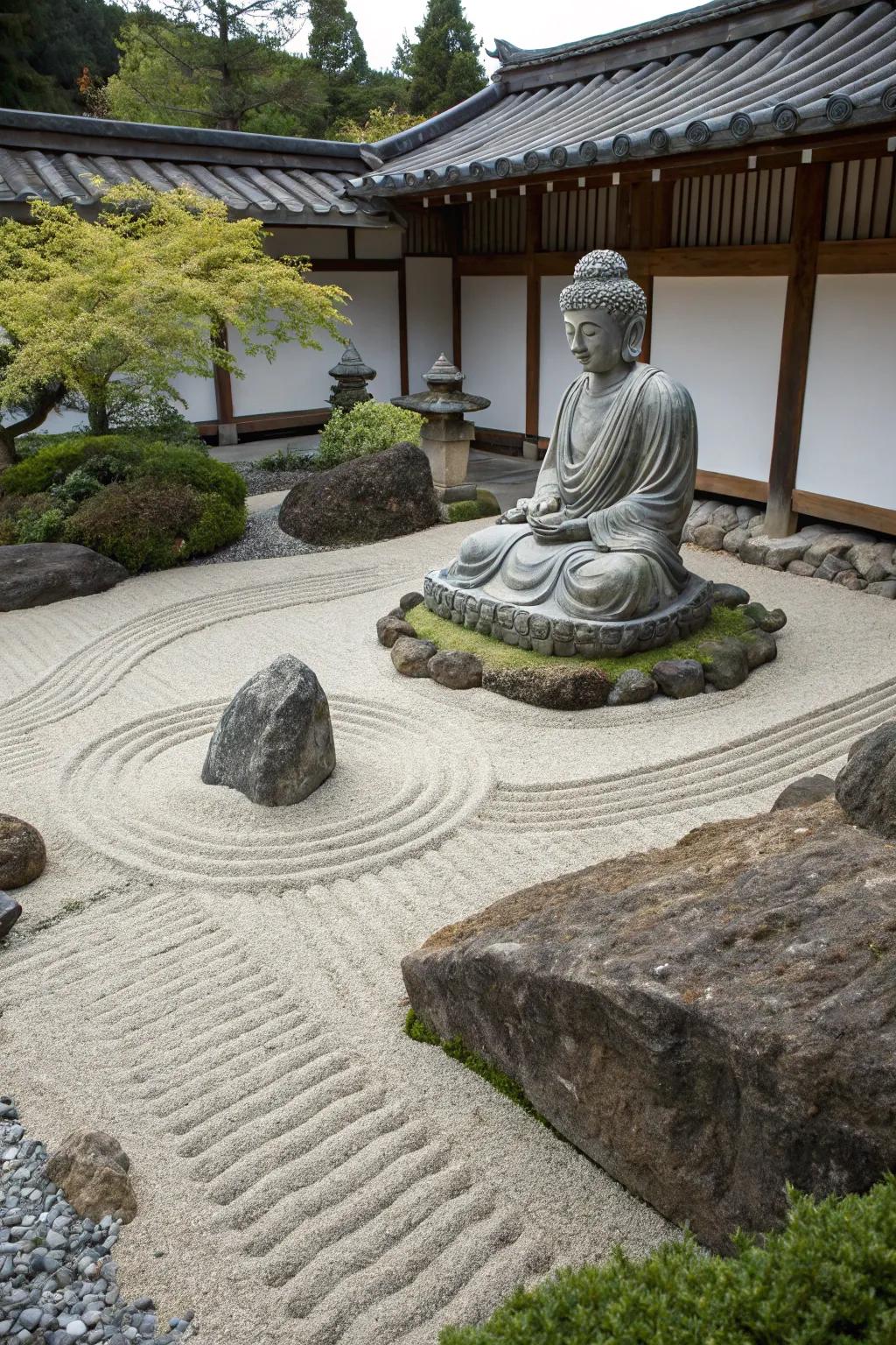 Buddha statue as a focal point in a serene zen garden.