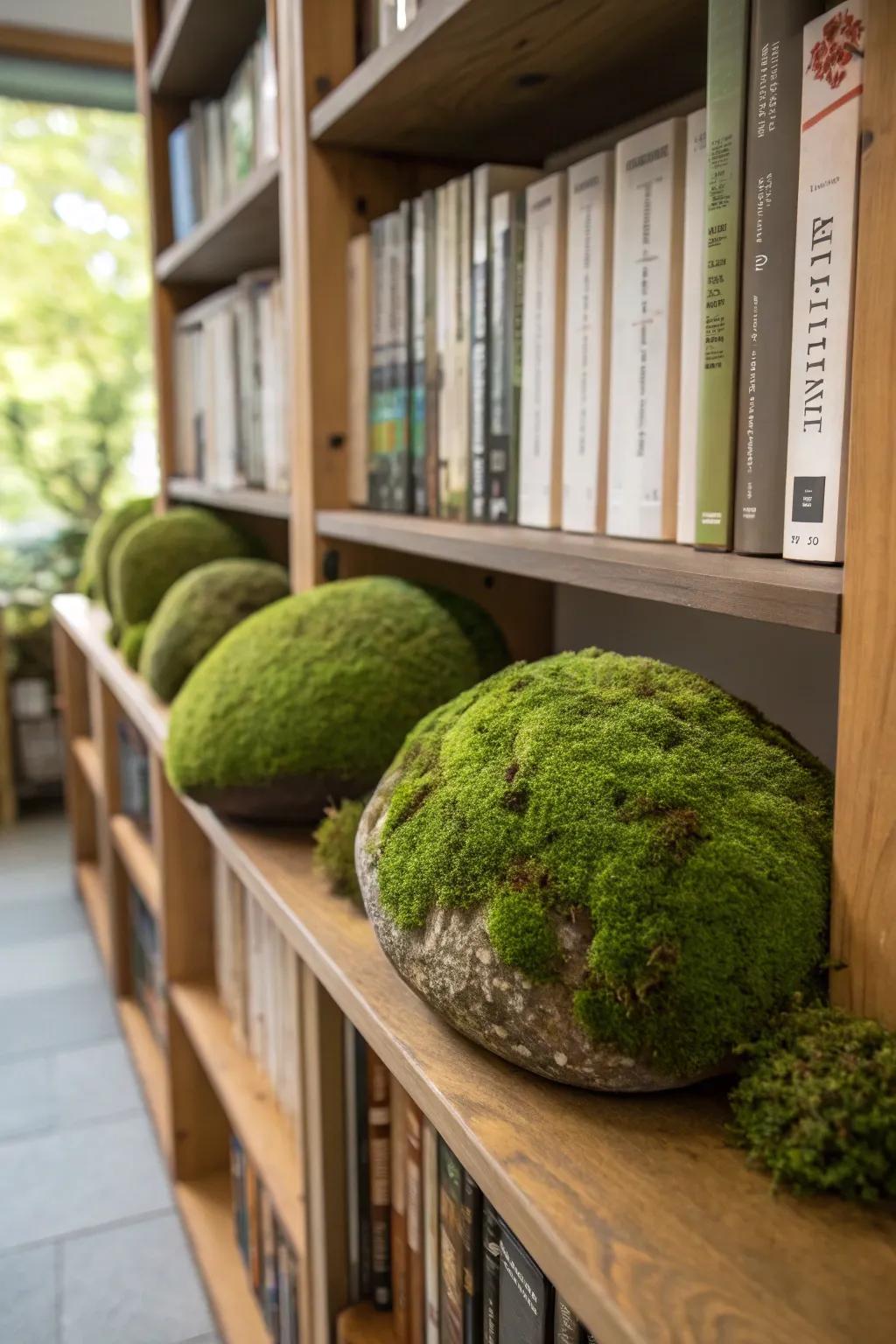 Stones adorned with java moss, creating a natural accent for a bookshelf.