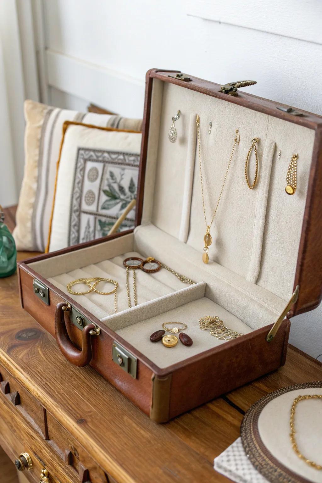 Transform your craft show setup with a vintage suitcase jewelry display, where timeless charm meets modern minimalism.