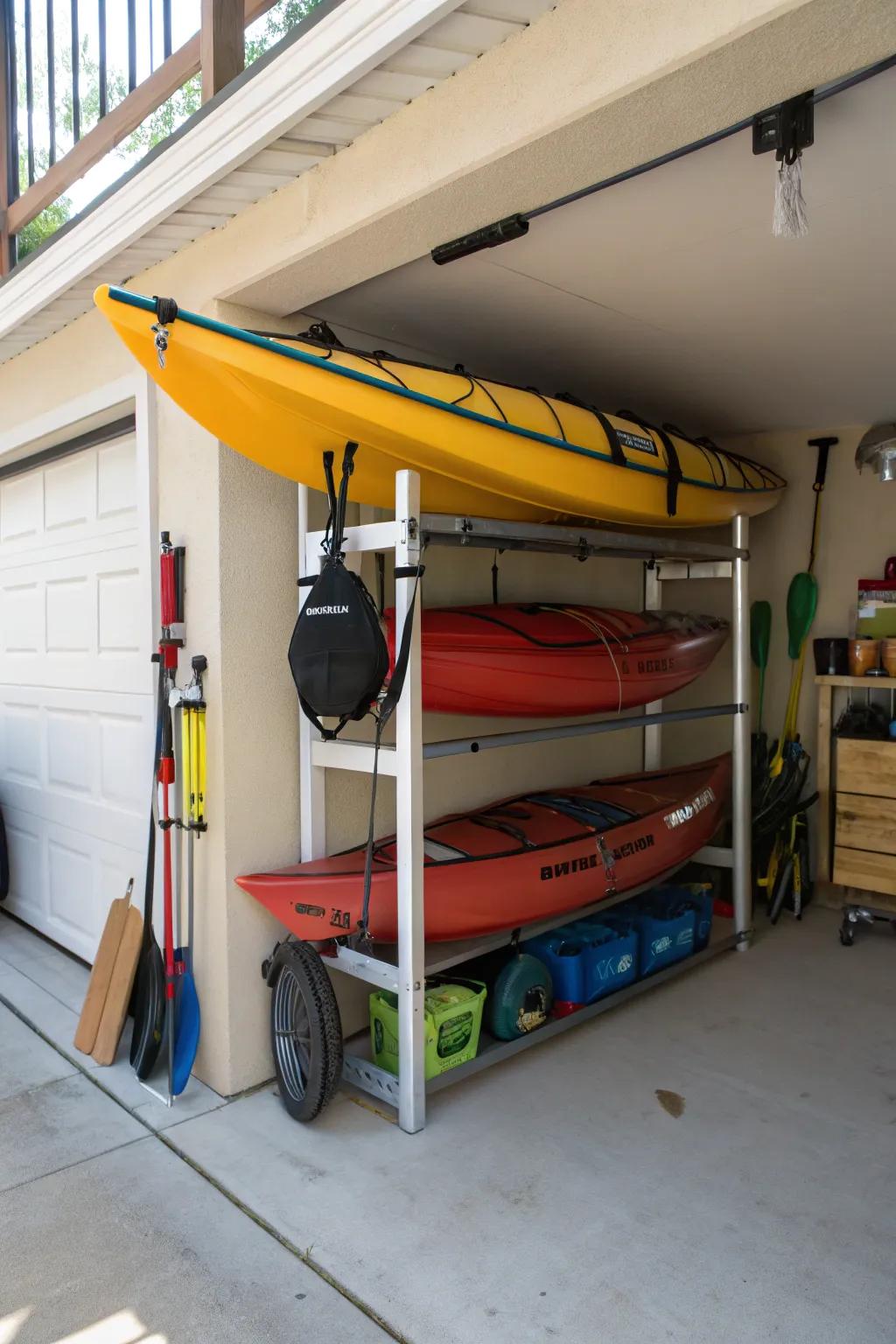 Efficient corner kayak storage in a garage setting.